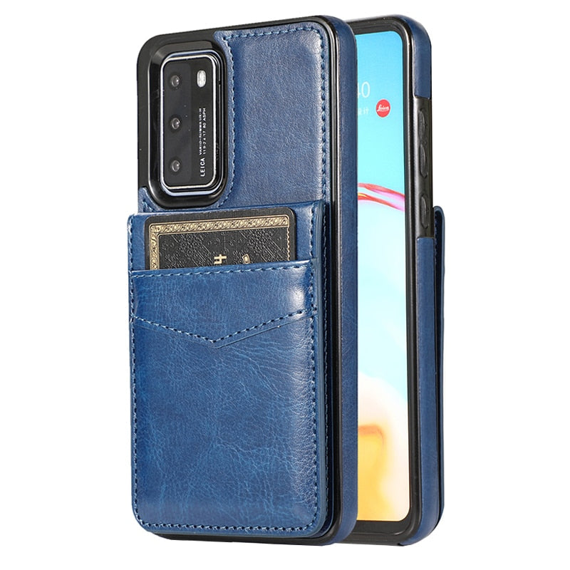 LEATHER PHONE CASE FOR HUAWEI P30 SERIES  WITH STAND (HOLDS 5 CARDS)