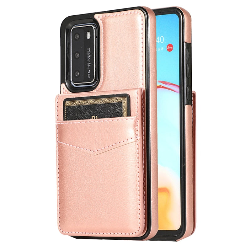 LEATHER PHONE CASE FOR HUAWEI P40 SERIES WITH STAND (HOLDS 5 CARDS)