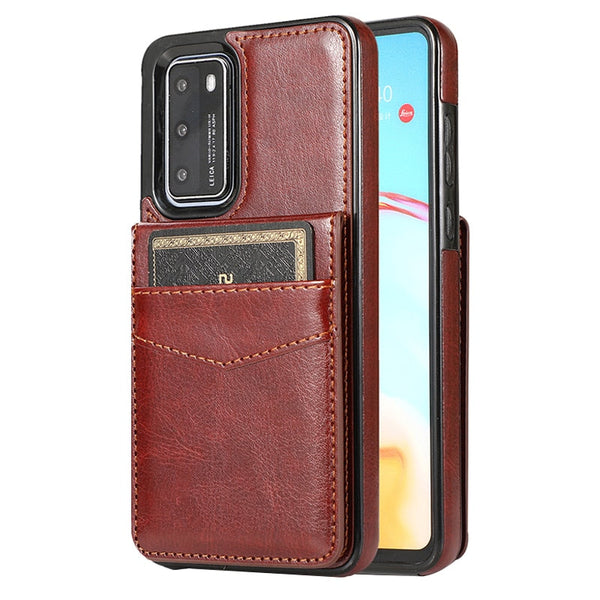 LEATHER PHONE CASE FOR HUAWEI P40 SERIES WITH STAND (HOLDS 5 CARDS)